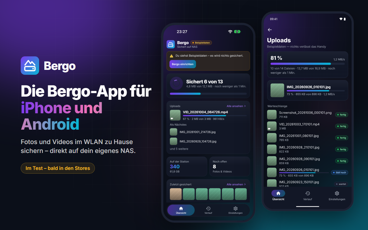 Die Bergo-App für iPhone und Android – Fotos und Videos im WLAN zu Hause sichern – direkt auf dein eigenes NAS