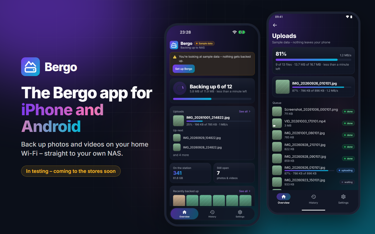 The Bergo app for iPhone and Android – Back up photos and videos on your home Wi-Fi – straight to your own NAS