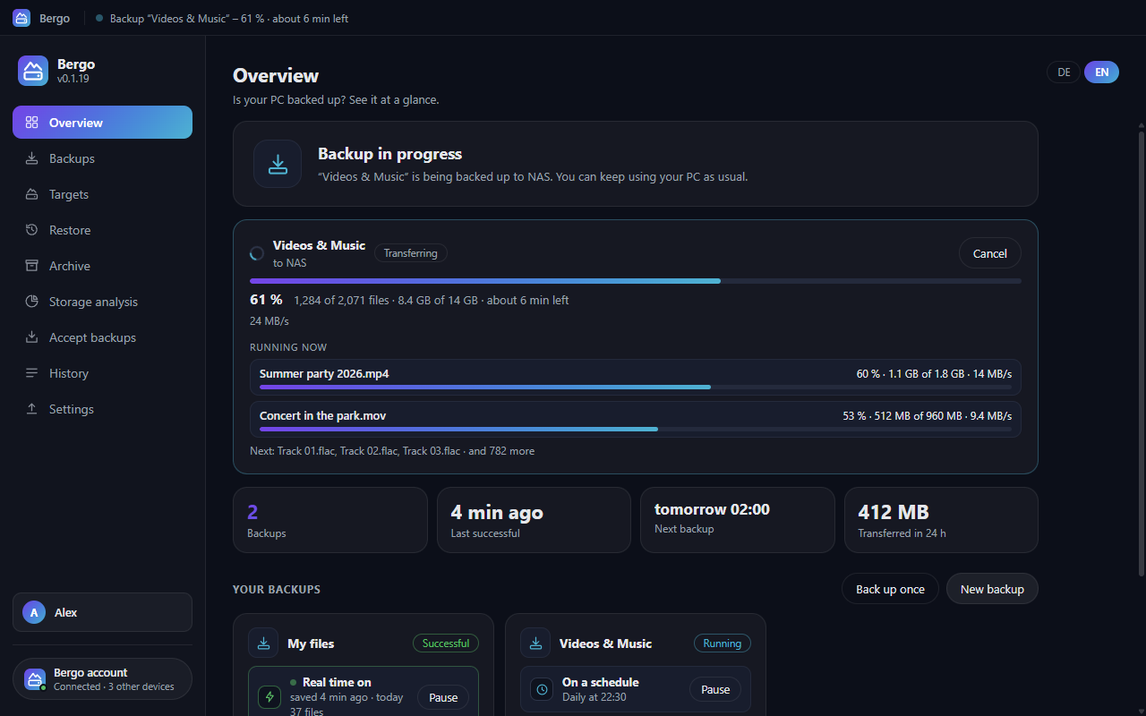 Real-time backup to your NAS – always see how far along it is