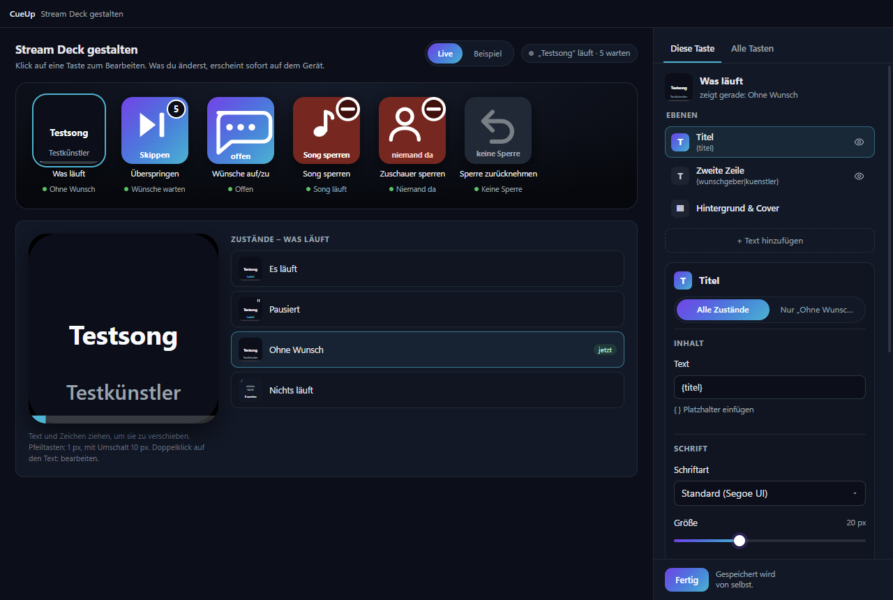 Stream Deck: Tasten für Wünsche, Überspringen und Sperren – jede Taste mit eigenem Aussehen