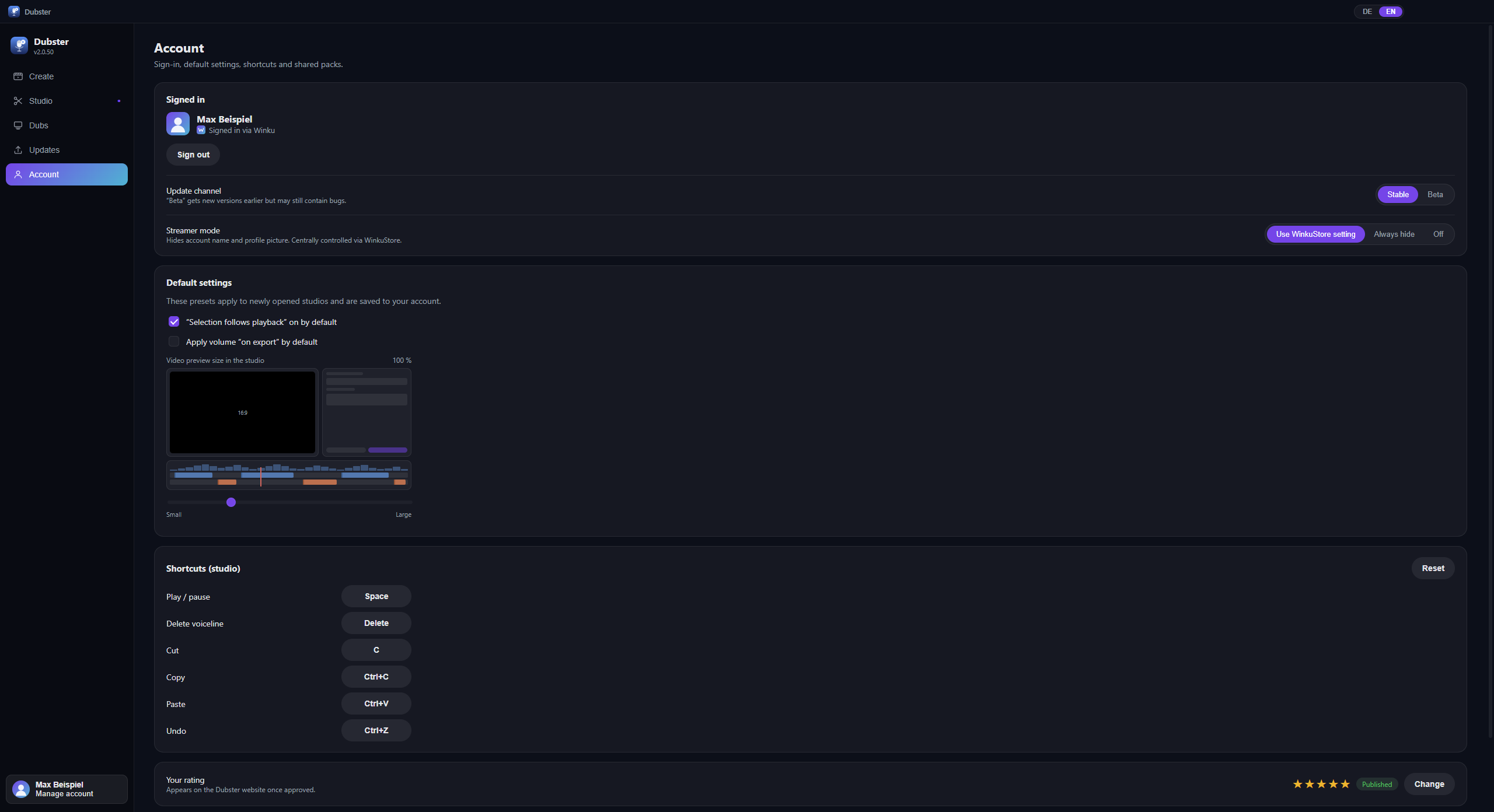 Account: settings, update channel and shortcuts