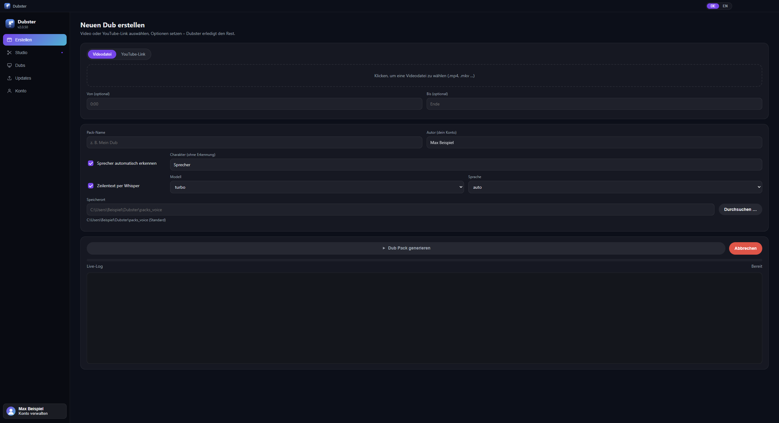 Video oder YouTube-Link in ein Dub Pack verwandeln