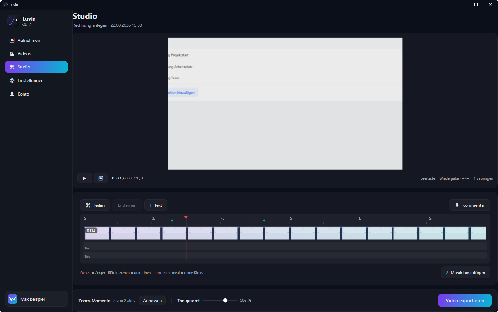 Studio: Zeitleiste mit Filmstreifen, Zoom-Momenten, Ton- und Textspur.