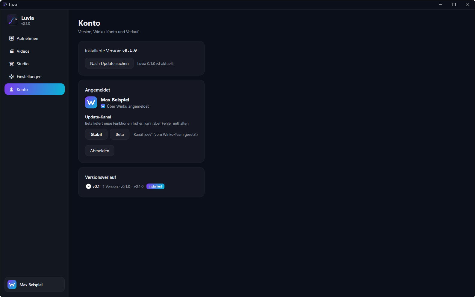 Anmeldung mit dem Winku-Konto, Update-Kanal und Versionsverlauf.
