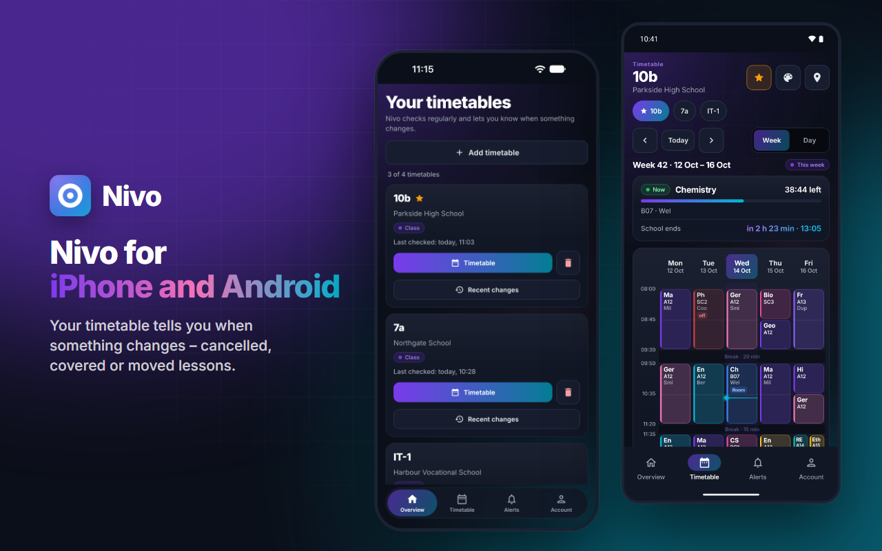 Nivo on iPhone and Android: your timetables at a glance and this week's timetable