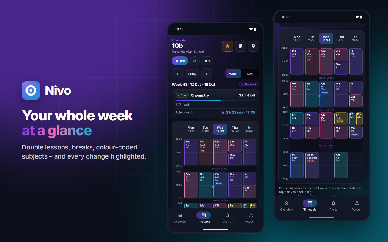 Weekly timetable in Nivo: cancelled, covered and moved lessons are highlighted