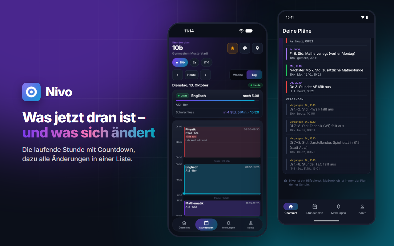 Ein Schultag in Nivo: die laufende Stunde mit Countdown und alle Änderungen in einer Liste