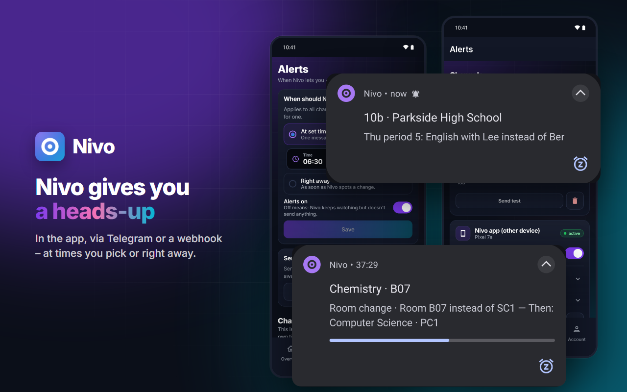 Nivo sends changes as a notification, via Telegram or a webhook – at the times you choose