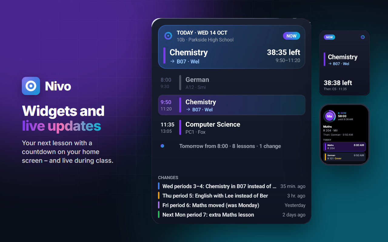 Nivo widgets for your home screen: your whole day, your next lesson with a countdown, and Apple Watch