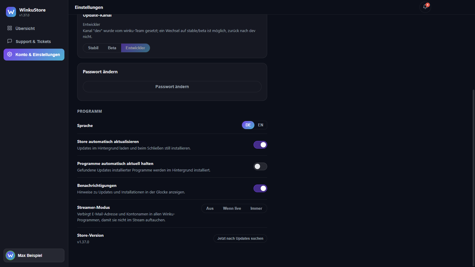 Einstellungen mit automatischen Updates und Streamer-Modus