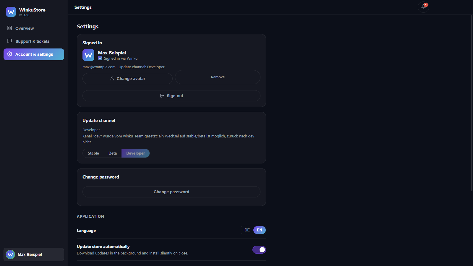 Account: signed in via Winku, with update channel