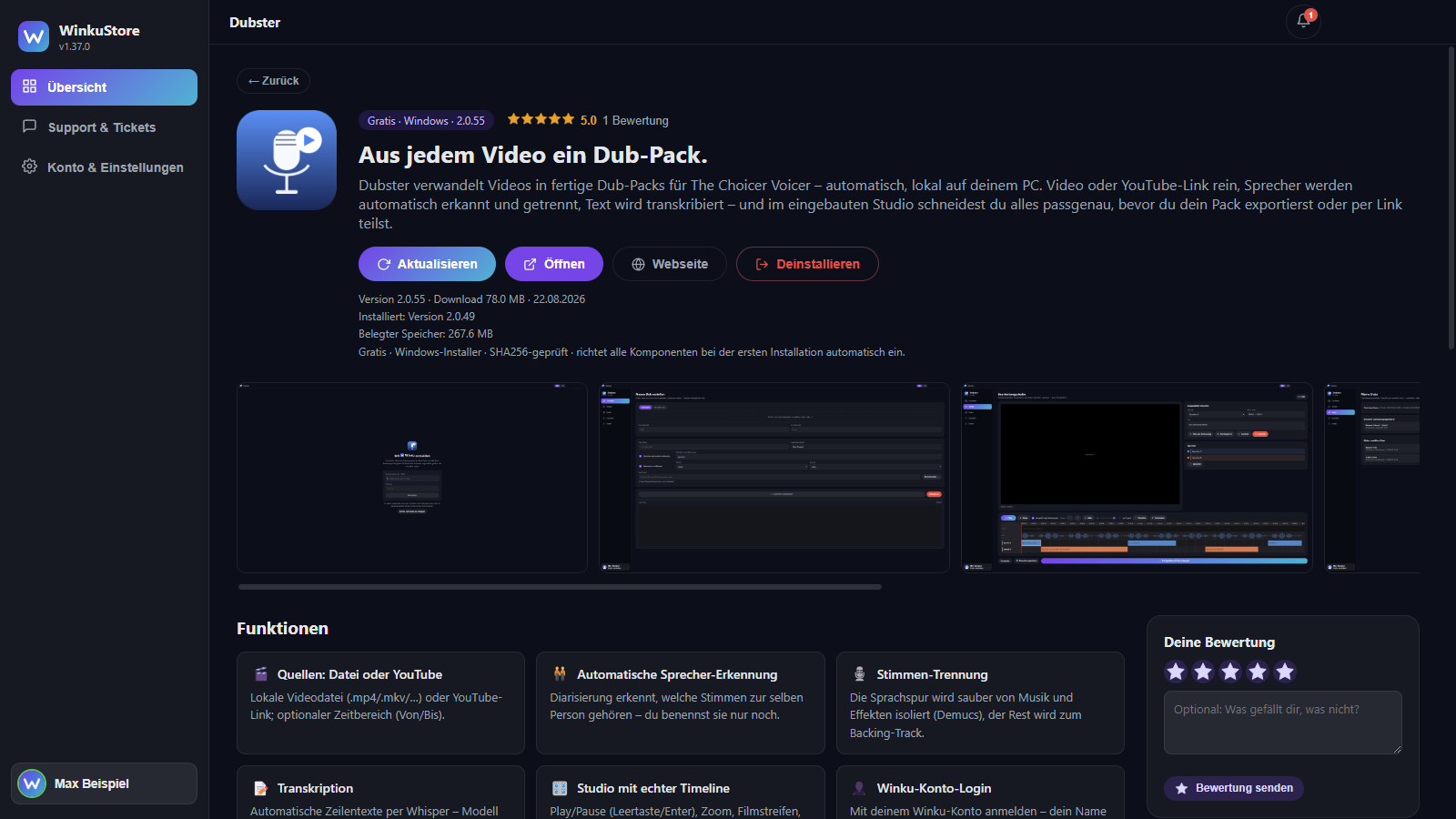 Produktseite mit Bewertungen, Screenshots und Funktionen