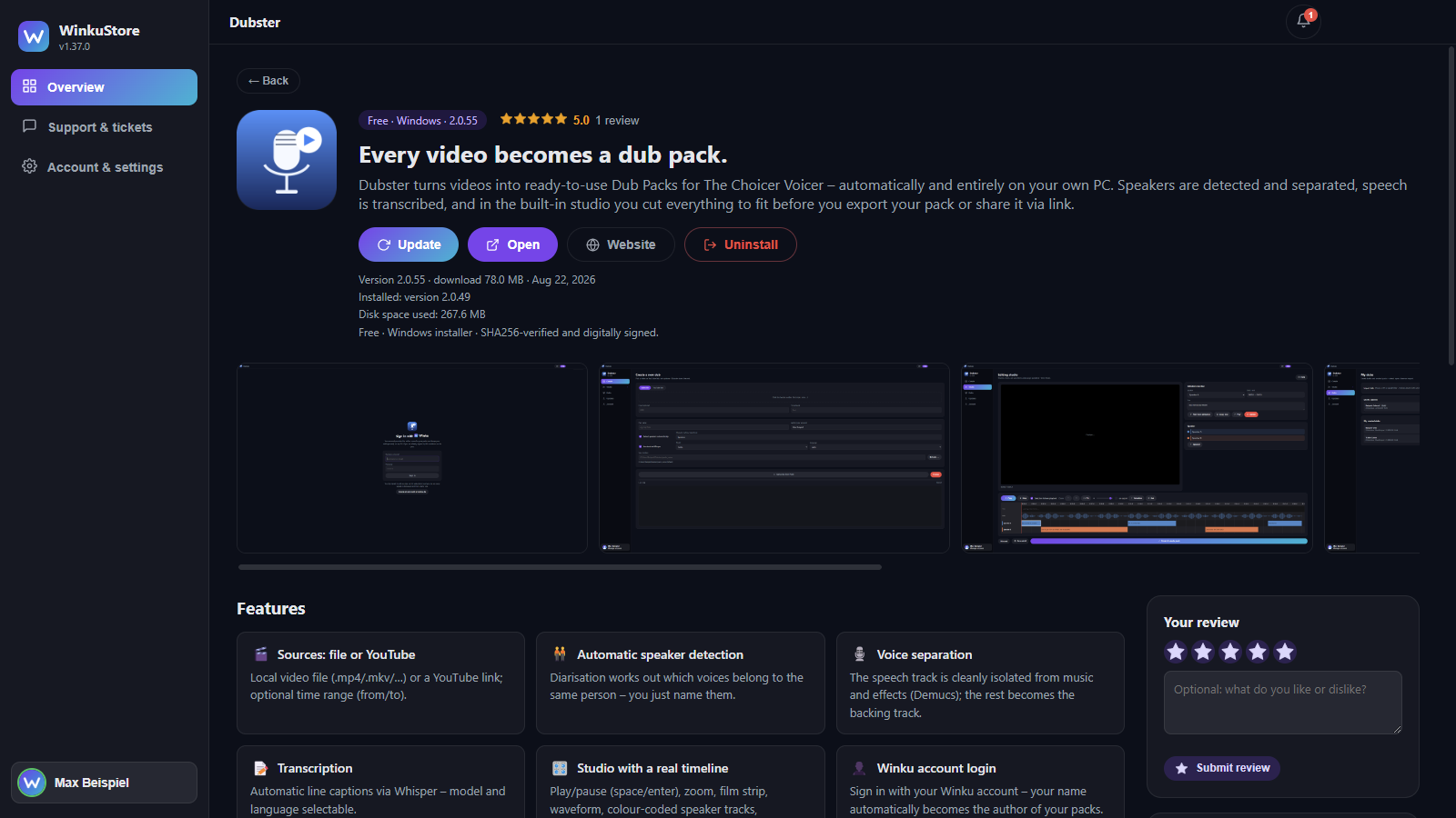 Product page with ratings, screenshots and features