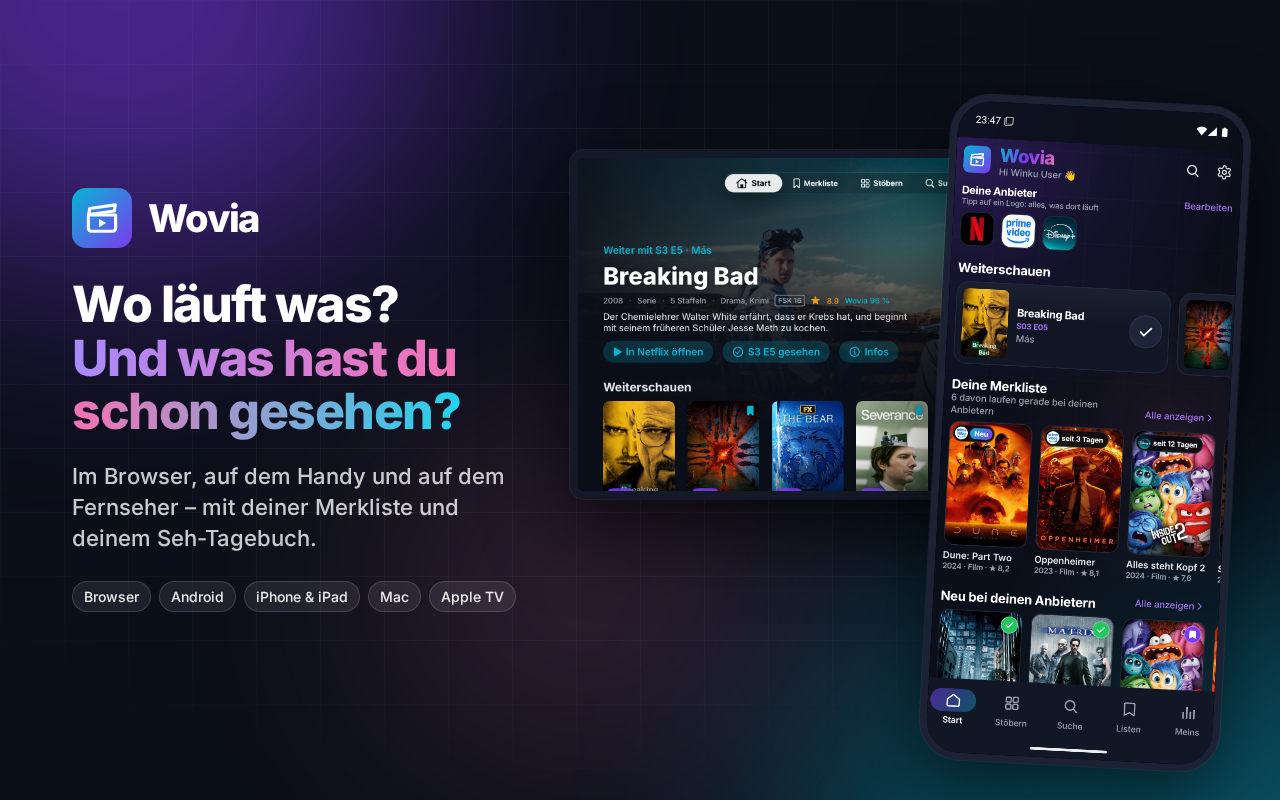 Wovia auf dem Apple TV und auf Android: Weiterschauen, deine Anbieter und deine Merkliste