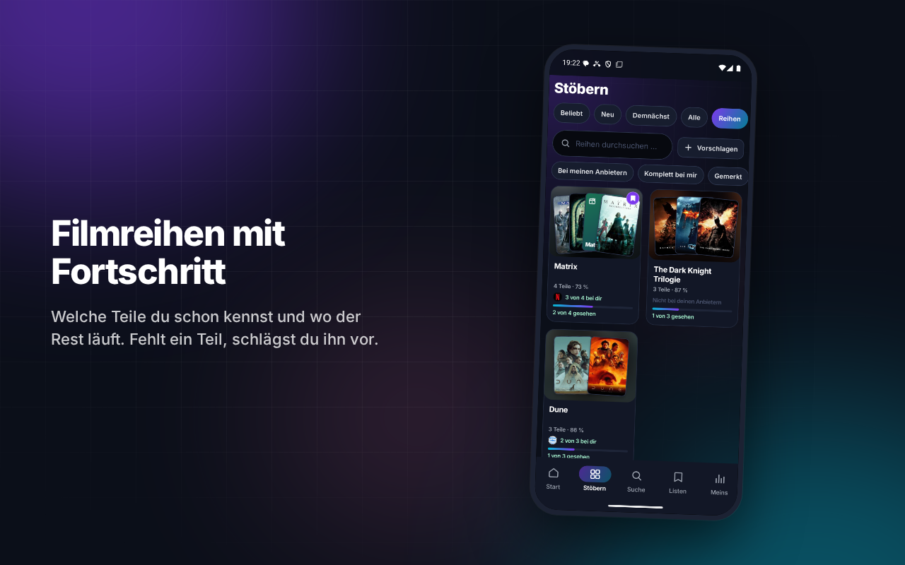 Filmreihen in Wovia: welche Teile du schon gesehen hast und wie viele noch fehlen