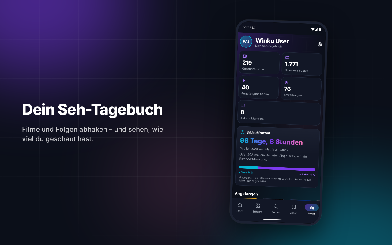 Dein Seh-Tagebuch in Wovia: gesehene Filme und Folgen und deine Bildschirmzeit