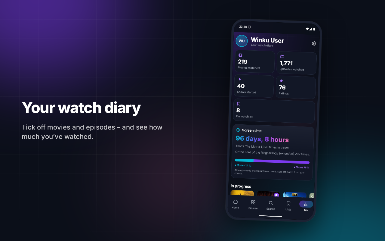 Your watch diary in Wovia: movies and episodes watched and your screen time