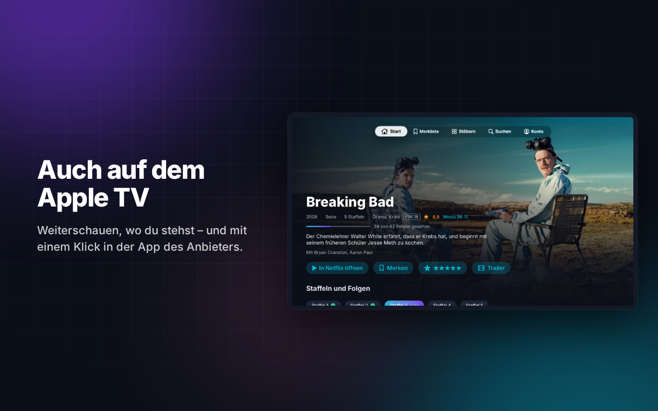 Wovia auf dem Apple TV: Weiterschauen und mit einem Klick in der App des Anbieters