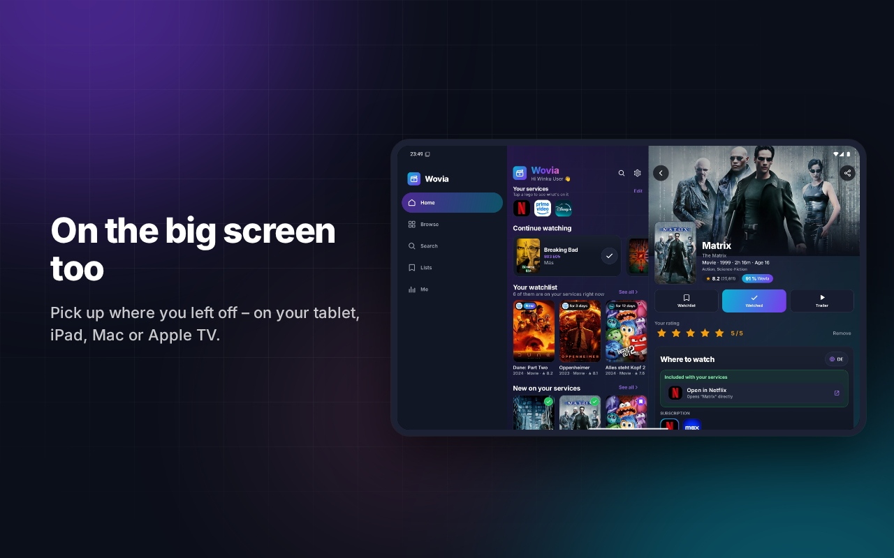 Wovia on a tablet: your watchlist next to everything about a title